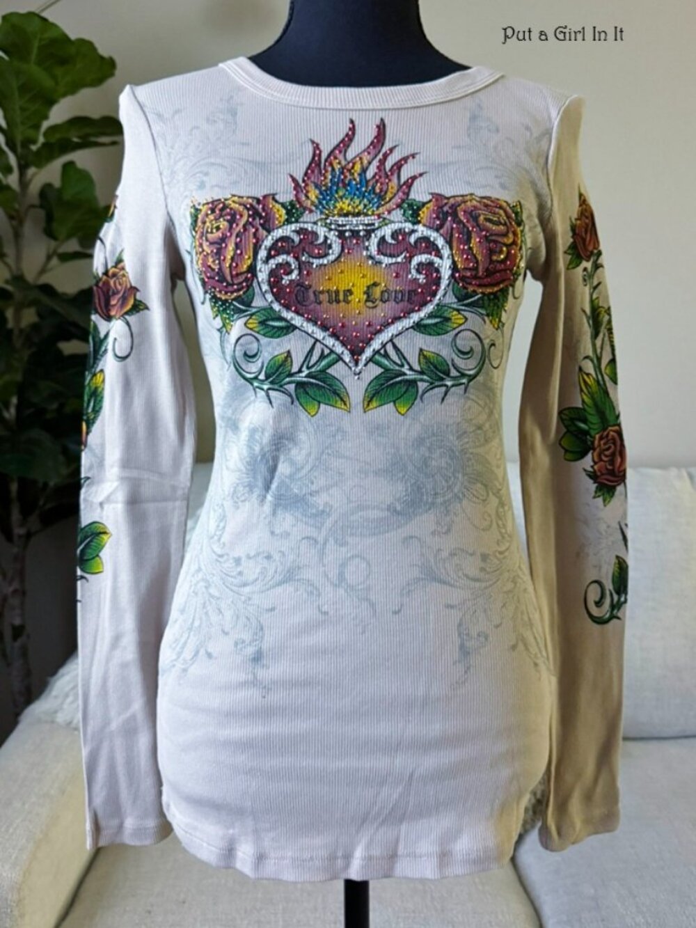 Vocal Apparel Women's Crystal Old School Taupe True Love Tattoo Shirt S M L Y2K - Picture 2 of 4